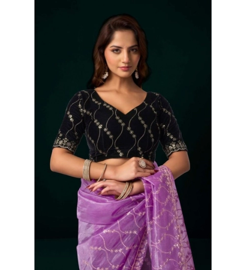 Women's Net Sequence Saree With Unstitched Blouse 5.5Mtr (Lavender)