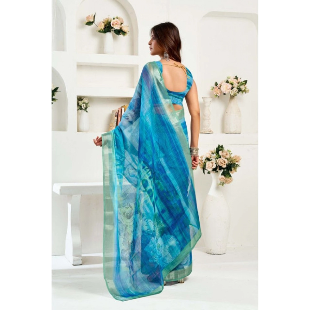 Women's Linen Cotton Printed Ready To Wear Saree With Unstitched Blouse 5.5 Mtr (Blue) Women's Linen Cotton Printed Ready To Wear Saree With Unstitched Blouse 5.5 Mtr (Blue)