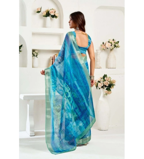 Women's Linen Cotton Printed Ready To Wear Saree With Unstitched Blouse 5.5 Mtr (Blue)