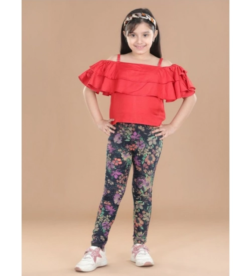 Girl's Cotton Lycra Floral Elasticated Jeggings (Multicolor)