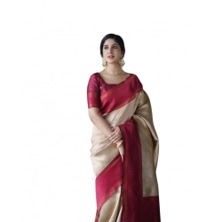 Women's Soft Lichi Silk Printed Saree With Unstitched Blouse 5.5Mtr (Cream)