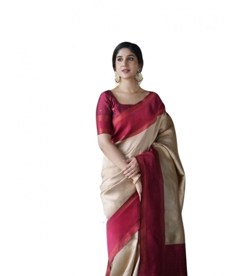 Women's Soft Lichi Silk Printed Saree With Unstitched Blouse 5.5Mtr (Cream)