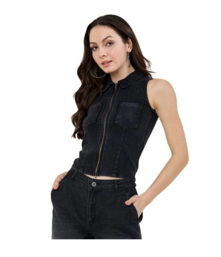 Women's Denim Lycra Solid Sleeveless Top (Black)