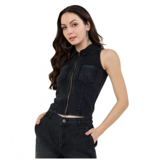Women's Denim Lycra Solid Sleeveless Top (Black)