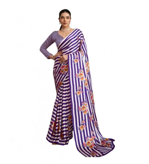 Women's Satin Crepe Printed Saree With Unstitched Blouse 5.5Mtr (Purple)