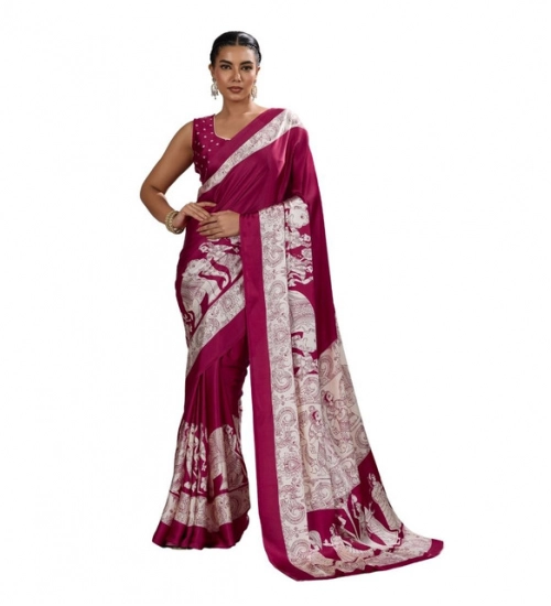 Women's Satin Crepe Printed Saree With Unstitched Blouse 5.5Mtr (Maroon)