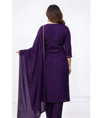 Women's Georgette Ethnic Motif Round 3/4th Sleeve Kurti With Pant Dupatta Set (Purple)