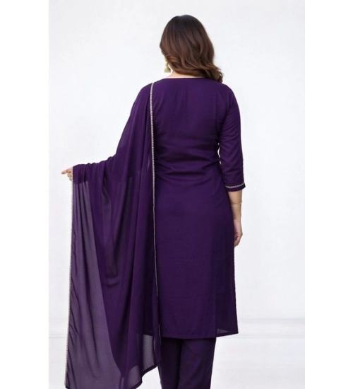 Women's Georgette Ethnic Motif Round 3/4th Sleeve Kurti With Pant Dupatta Set (Purple)