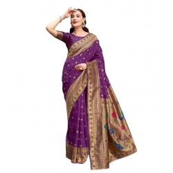 Women's Silk Blend Paithani Weaving Saree With Unstitched Blouse 5.5Mtr (Purple)