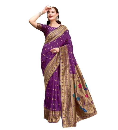 Women's Silk Blend Paithani Weaving Saree With Unstitched Blouse 5.5Mtr (Purple)
