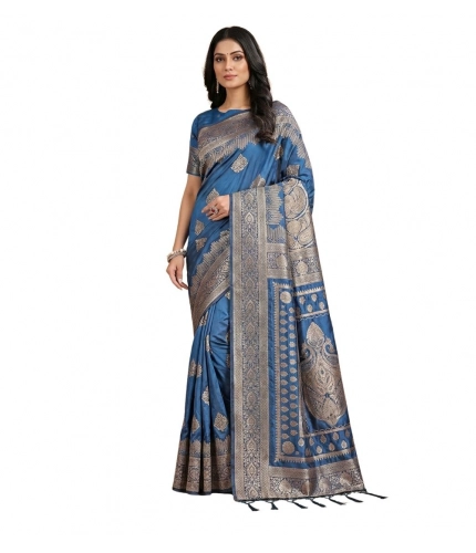 Women's Silk Blend Printed Saree With Unstitched Blouse 5.5Mtr (Sky Blue)