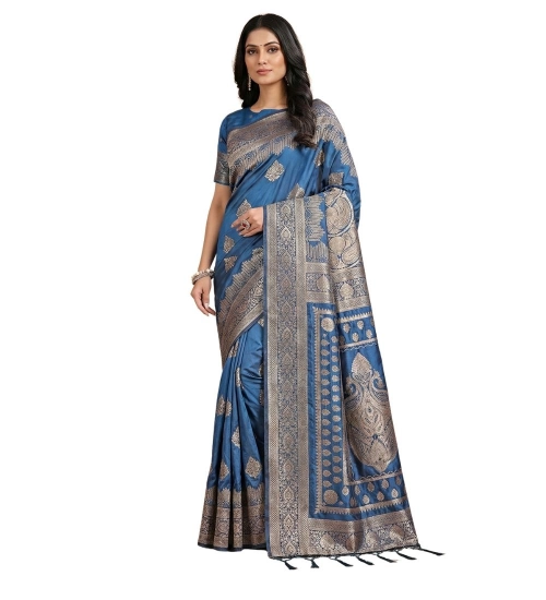 Women's Silk Blend Printed Saree With Unstitched Blouse 5.5Mtr (Sky Blue)