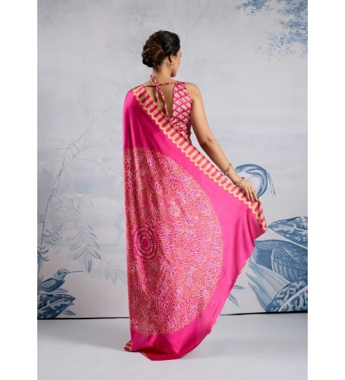 Women's Satin Crepe Printed Saree With Unstitched Blouse 5.5Mtr (Pink)