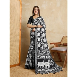 Women's Silk Blend Printed Saree With Unstitched Blouse 5.5Mtr (Black)