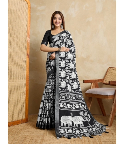 Women's Silk Blend Printed Saree With Unstitched Blouse 5.5Mtr (Black)