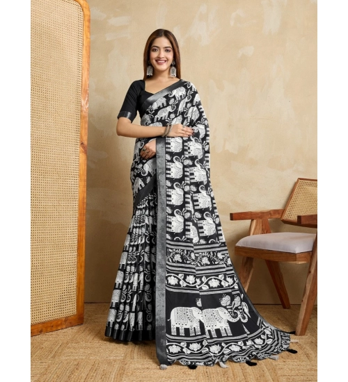 Women's Silk Blend Printed Saree With Unstitched Blouse 5.5Mtr (Black)