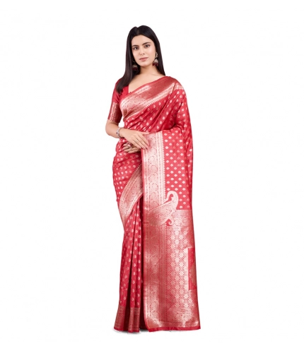 Women's Banarasi Silk Printed Saree With Unstitched Blouse 5.5Mtr (Red)
