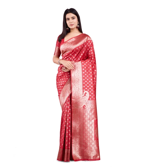 Women's Banarasi Silk Printed Saree With Unstitched Blouse 5.5Mtr (Red)