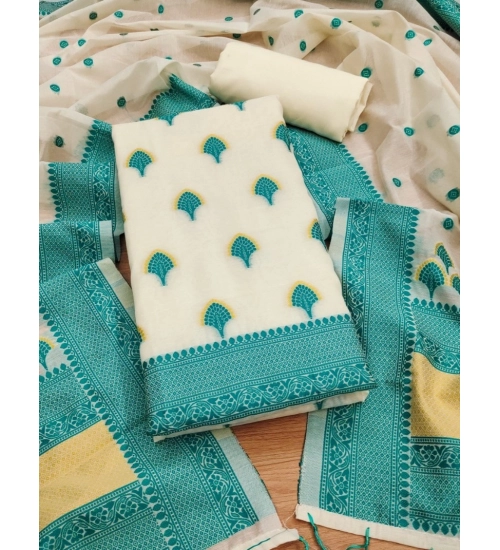 Women's Banarasi Silk Printed Unstitched Salwar Suit Material With Dupatta (Teal, 3Mtrs)