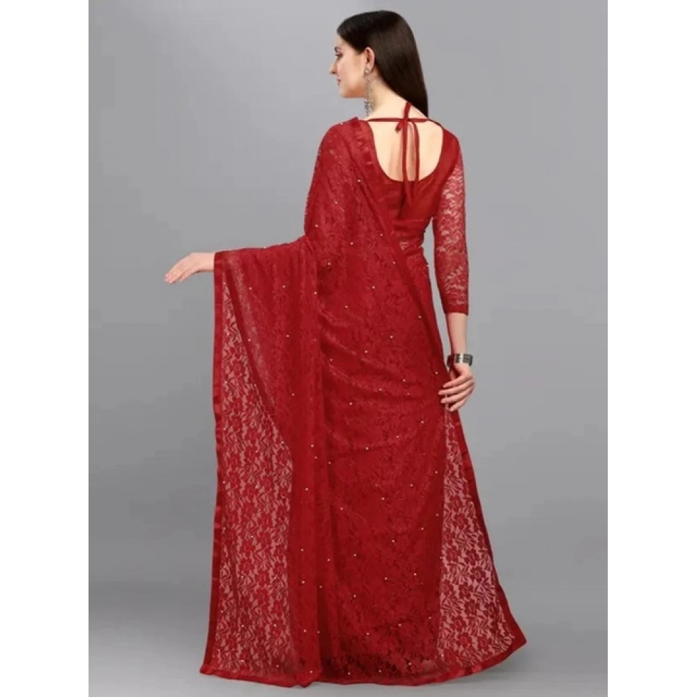 Women's Net Self Design Saree With Unstitched Blouse 5.5Mtr (Maroon)
