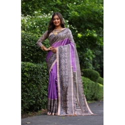 Women's Faux_Tussar Ethnic_Print Saree With Unstitched Blouse 5.5Mtr (Purple)