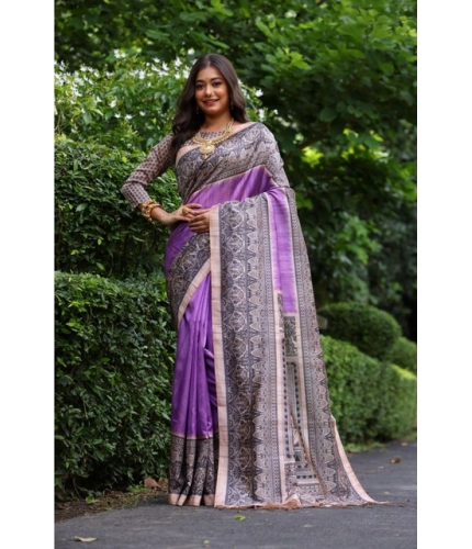 Women's Faux_Tussar Ethnic_Print Saree With Unstitched Blouse 5.5Mtr (Purple)