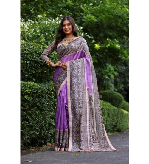 Women's Faux_Tussar Ethnic_Print Saree With Unstitched Blouse 5.5Mtr (Purple)