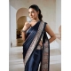 Women's Satin Crepe Printed Saree With Unstitched Blouse 5.5Mtr (Navy Blue)