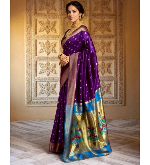 Women's Silk Blend Zari Woven Saree With Unstitched Blouse 5.5Mtr (Purple)