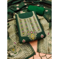 Women's Banarasi Silk Printed Unstitched Salwar Suit Material With Dupatta (Bottle Green, 3Mtrs)