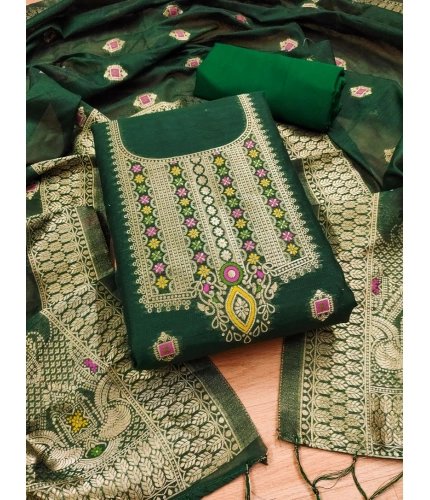 Women's Banarasi Silk Printed Unstitched Salwar Suit Material With Dupatta (Bottle Green, 3Mtrs)