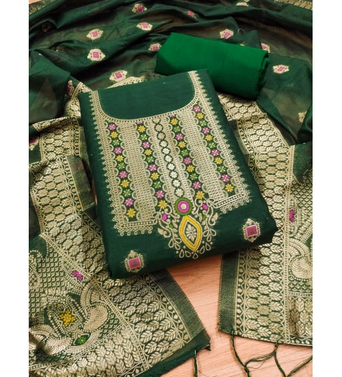 Women's Banarasi Silk Printed Unstitched Salwar Suit Material With Dupatta (Bottle Green, 3Mtrs)