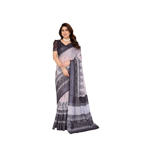 Women's Linen Cotton  Printed Saree With Unstitched Blouse 5.5Mtr (White &amp; Black)