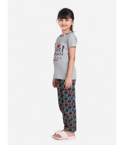 Girl's Cotton Hosiery Printed Night Suit Set (Grey-Red)