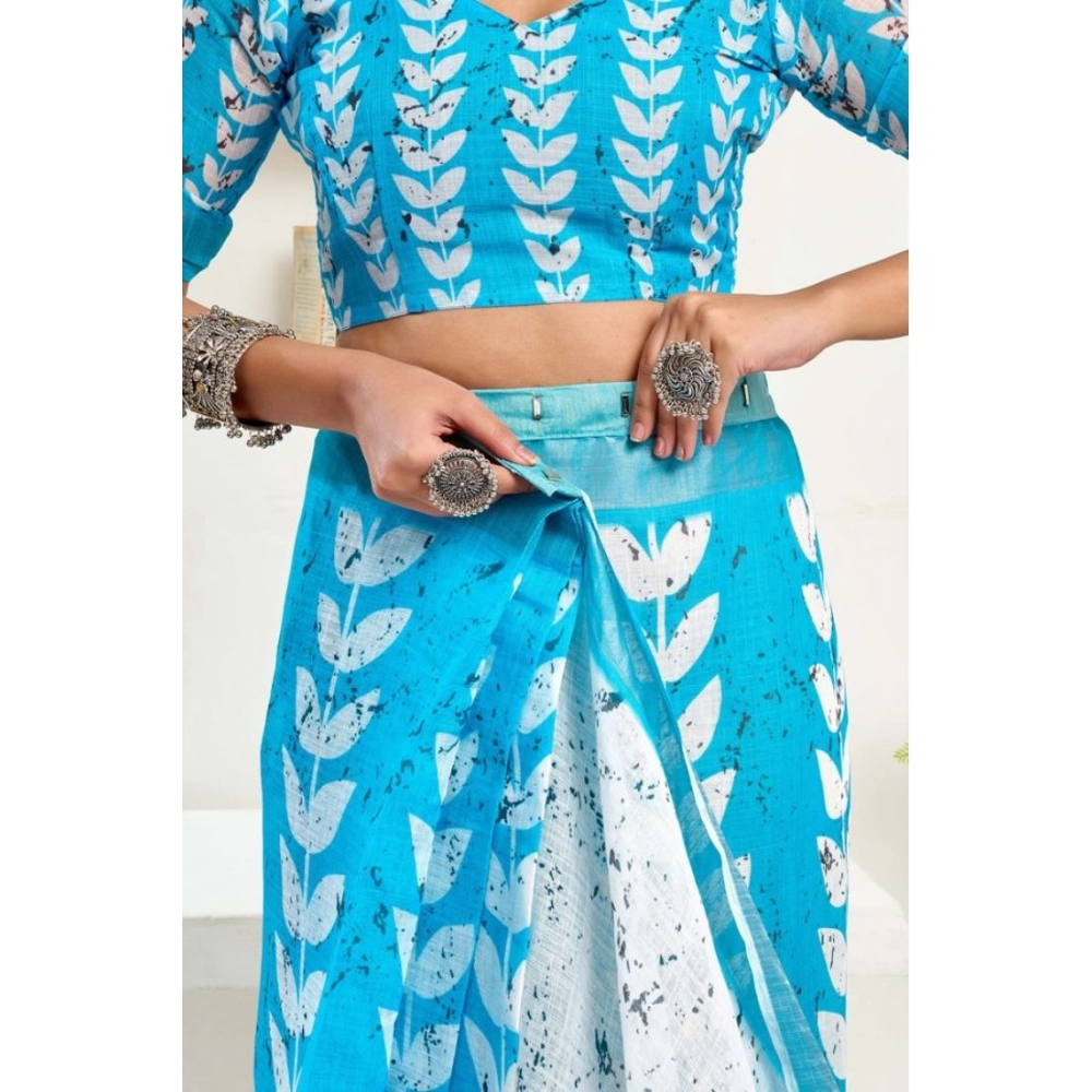 Women's Faux Linen Leaf Print Ready to wear Saree With Unstitched Blouse 5.5Mtr (SkyBlue & White) Women's Faux Linen Leaf Print Ready to wear Saree With Unstitched Blouse 5.5Mtr (SkyBlue & White)