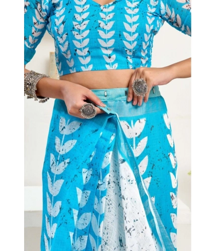 Women's Faux Linen Leaf Print Ready to wear Saree With Unstitched Blouse 5.5Mtr (SkyBlue &amp; White)