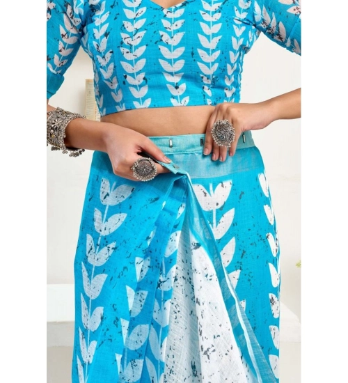 Women's Faux Linen Leaf Print Ready to wear Saree With Unstitched Blouse 5.5Mtr (SkyBlue &amp; White)