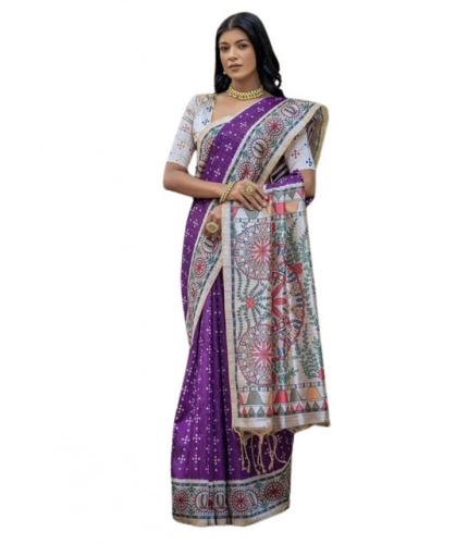 Women's Faux_Tussar Geometric_Print Saree With Unstitched Blouse 5.5Mtr (Purple) Women's Faux_Tussar Geometric_Print Saree With Unstitched Blouse 5.5Mtr (Purple)