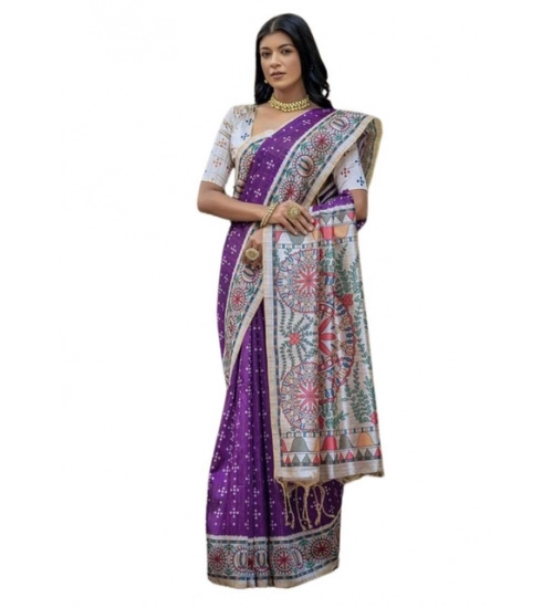 Women's Faux_Tussar Geometric_Print Saree With Unstitched Blouse 5.5Mtr (Purple)