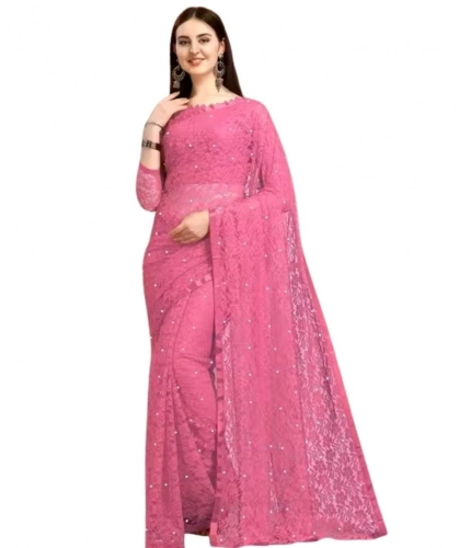 Women's Net Self Design Saree With Unstitched Blouse 5.5Mtr (Dark Pink)