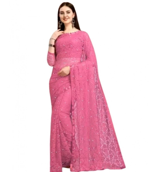 Women's Net Self Design Saree With Unstitched Blouse 5.5Mtr (Dark Pink)