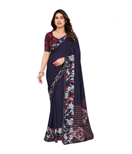 Women's Georgette Printed Saree With Unstitched Blouse 5.5Mtr (Navy Blue)