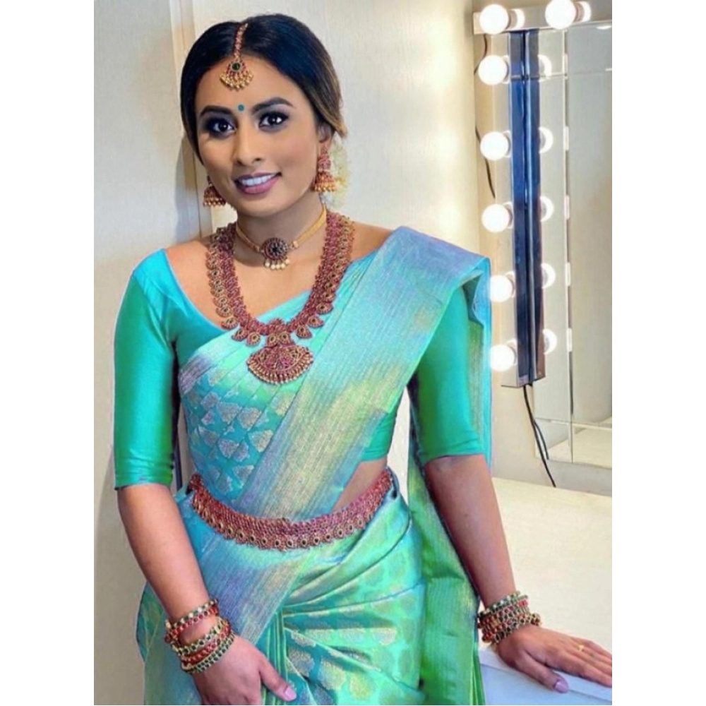 Women's Litchi silk Printed Saree With Unstitched Blouse (Green) Women's Litchi silk Printed Saree With Unstitched Blouse (Green)