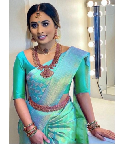 Women's Litchi silk Printed Saree With Unstitched Blouse (Green)