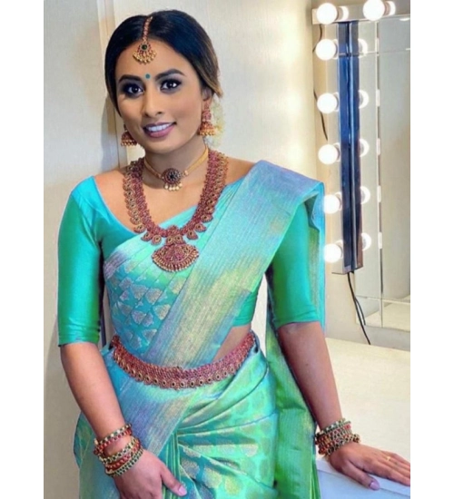 Women's Litchi silk Printed Saree With Unstitched Blouse (Green)