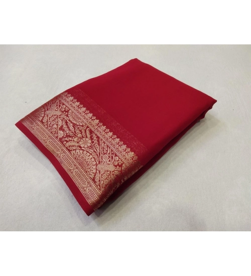 Women's Crepe Chit Pallu Solid Saree With Unstitched Blouse 5.5Mtr (Red)