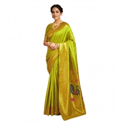 Women's Silk Blend Zari Weaving Saree With Unstitched Blouse 5.5Mtr (Lime-Green)