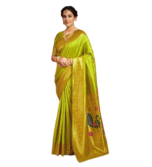 Women's Silk Blend Zari Weaving Saree With Unstitched Blouse 5.5Mtr (Lime-Green)