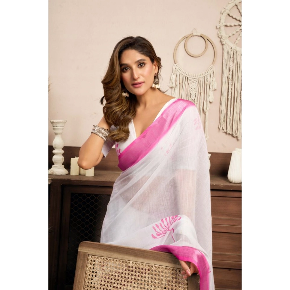 Women's Linen Cotton Printed Ready To Wear Saree With Unstitched Blouse 5.5 Mtr (Light_White)