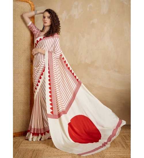 Women's Satin Crepe Printed Saree With Unstitched Blouse 5.5Mtr (Off White)